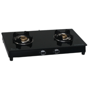 Double Burner Glass Top, Forging Brass Burner, Powder Coated Body, Lotus Pan Support, Metal Knob