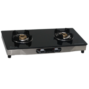 Double Burner Glass Top, Forging Brass Burner, SS Mirror Body, Lotus Pan Support, Metal Knob