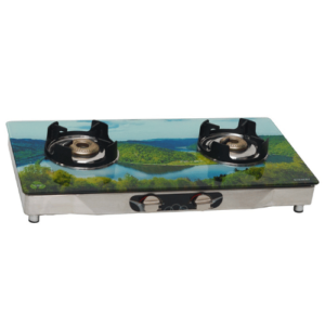 Double Burner Glass Top, Forging Brass Burner, SS Mirror Body, Lotus Pan Support, Metal Knob
