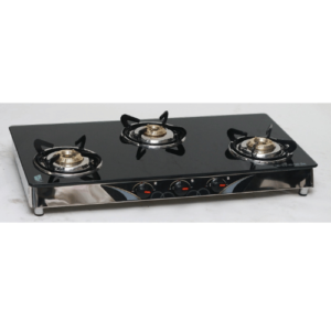 Three Burner Glass Top, Brass Burner, SS Mirror Body