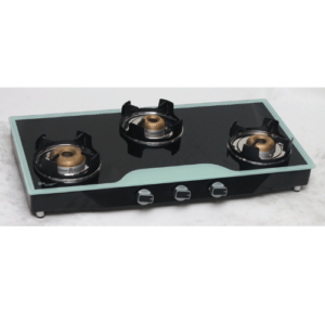 Three Burner White Glass Top, Forging Brass Burner, Powder Coated Body, Lotus Support, SS Knob