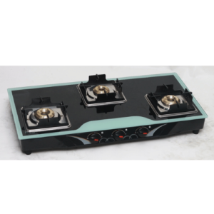 Three Burner White Border Glass Top,  Brass Burner, Powder Coated Body, Square Heighted Support
