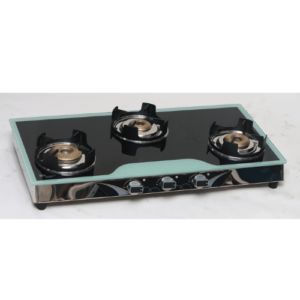 Three Burner White Border Glass Top,  Brass Burner, SS Mirror Body, Lotus Support, SS Knob