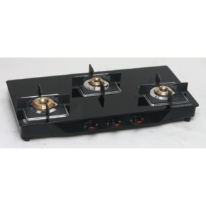Three Burner  Glass Top,  Brass Burner, Powder Coated Body, Square Heighted Pan Support