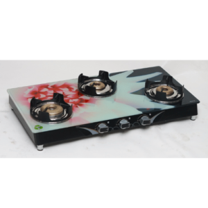 Three Burner Digital Glass Top, Forging Brass Burner, Powder Coated Body, Lotus Pan Support, SS Knob