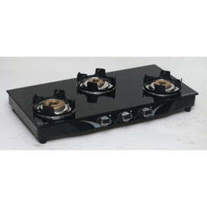 Three Burner Glass Top, Forging Brass Burner, Powder Coated Body, Lotus Pan Support, SS Knob