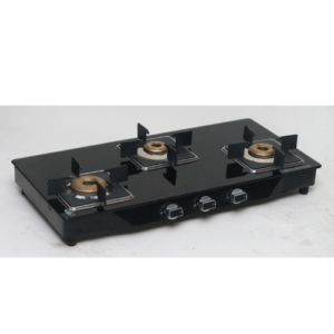 Three Burner Glass Top, Forging Brass Burner, Powder Coated Body, Square Heighted Pan Support, SS Knob