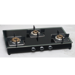 Three Burner Glass Top, Forging Brass Burner, Powder Coated Body, Square Heighted Pan Support, SS Knob