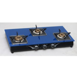 Three Burner Glass Top, Forging Brass Burner, Powder Coated Body, Square Heighted Pan Support, SS Knob