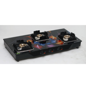 Three Burner Glass Top, Brass Burner, Powder Coated Body, Square Heighted Pan Support