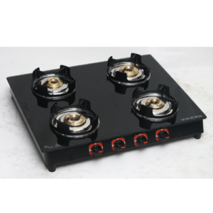 Four Burner Glass Top, Brass Burner, Powder Coated Body, Lotus Pan Support