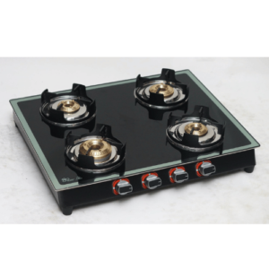 Four Burner Mirror Glass Top, Brass Burner, Powder Coated Body, Lotus Pan Support, SS Knob