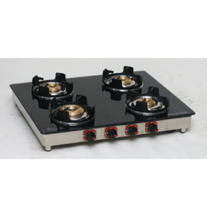 Four Burner Glass Top, Brass Burner, SS Mirror Body, Lotus Pan Support